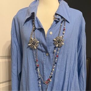 Long red white and blue elegant necklace Beaded Necklace with peals  light gold